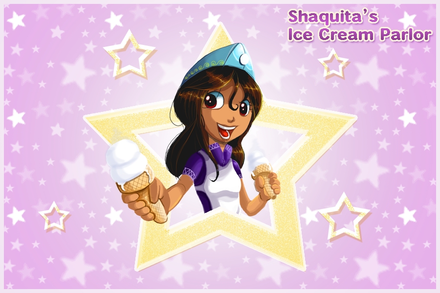 Shaquita holding two ice cream cones against a lavender star background