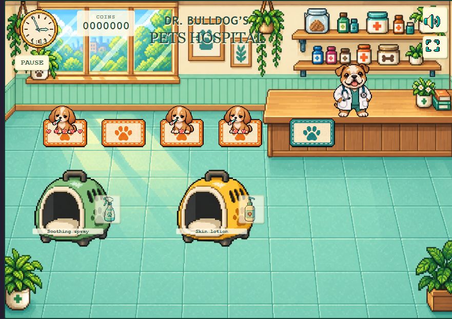 Dr. Bulldog’s colorful pet hospital with diagnosis mats, medicine, and animal patients
